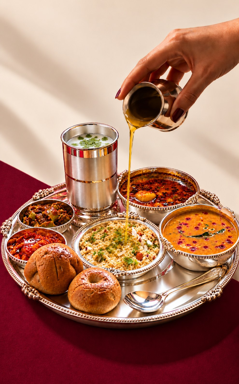 A hand pouring golden ghee over a Marwadi Khana thali
